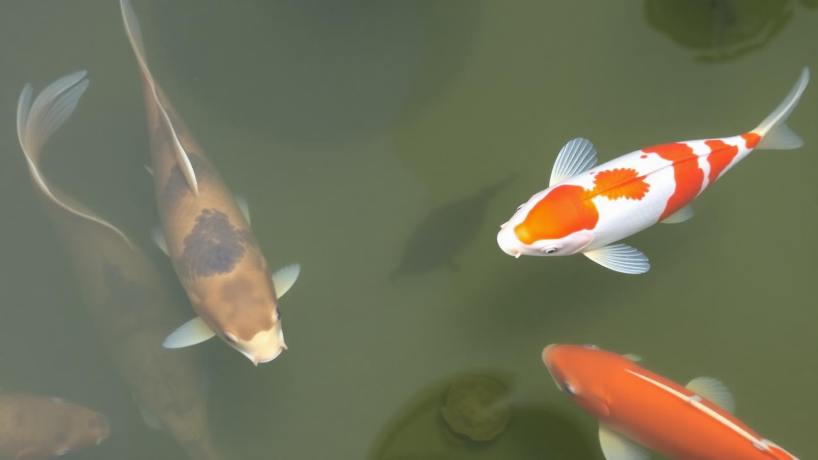 Hardy beginner koi including a Chagoi and a Kohaku swimming in a clean backyard pond