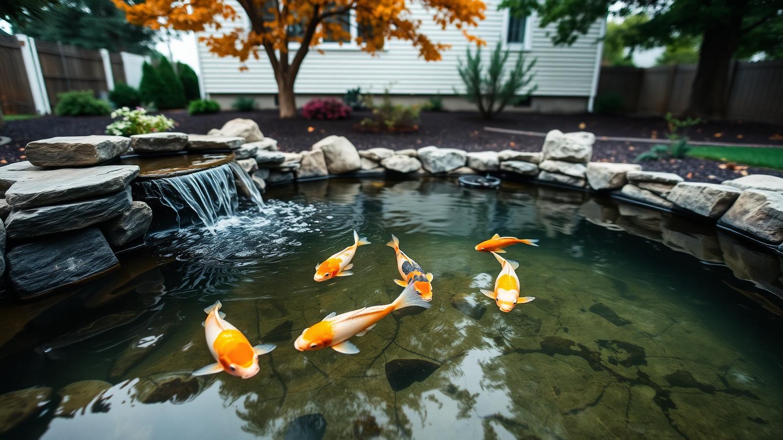 Suburban Toronto backyard koi pond with a small waterfall and young koi swimming