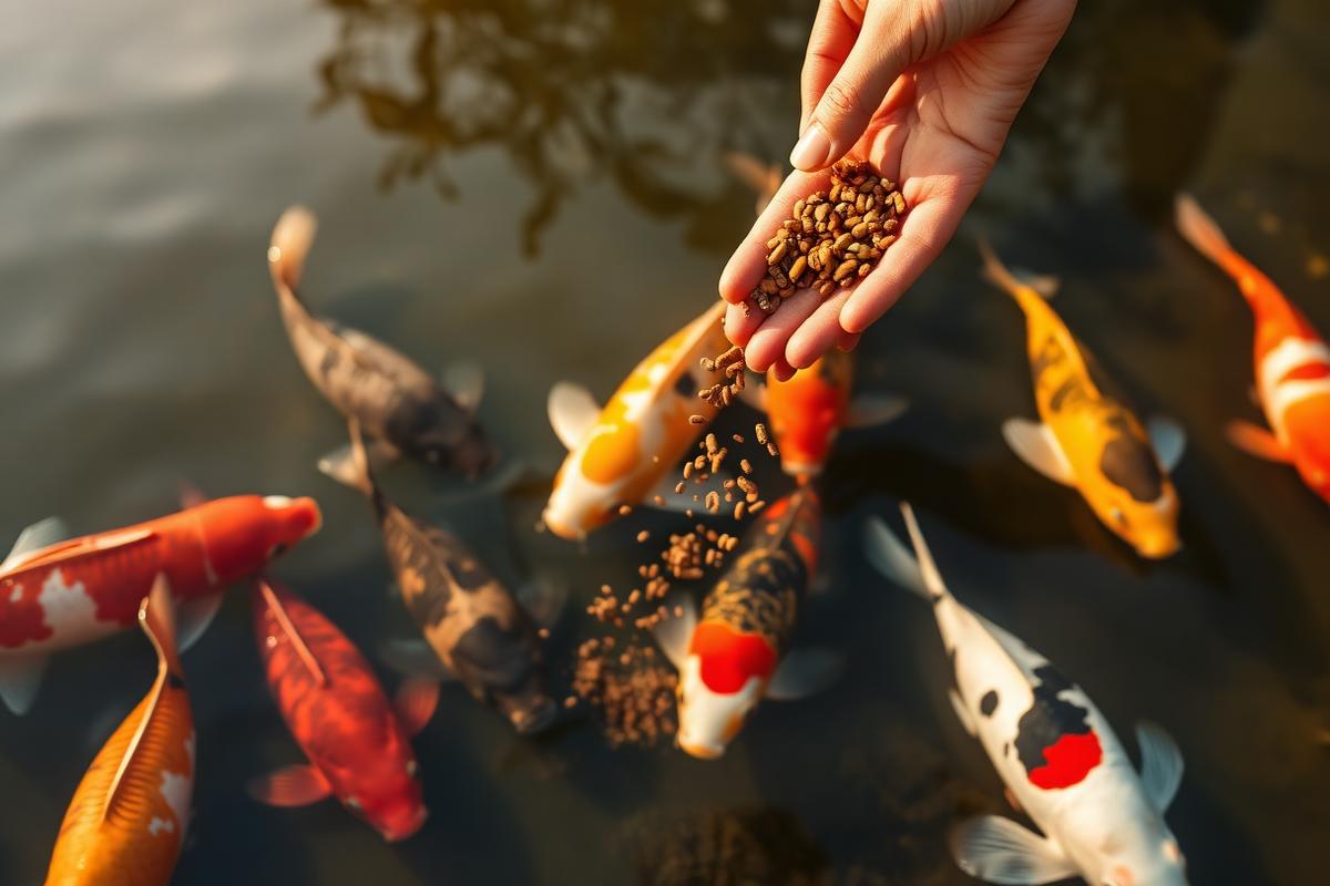 Hand feeding koi pellets to colorful Japanese koi in a clean pond