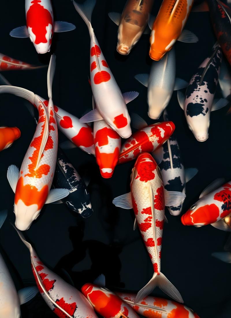 Large mature Japanese koi grouped together in a koi pond