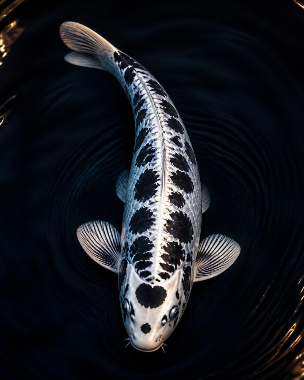 Kikokuryu (Kirin) koi with metallic black-and-white doitsu pattern shimmering on deep water at Maple Crown Koi.