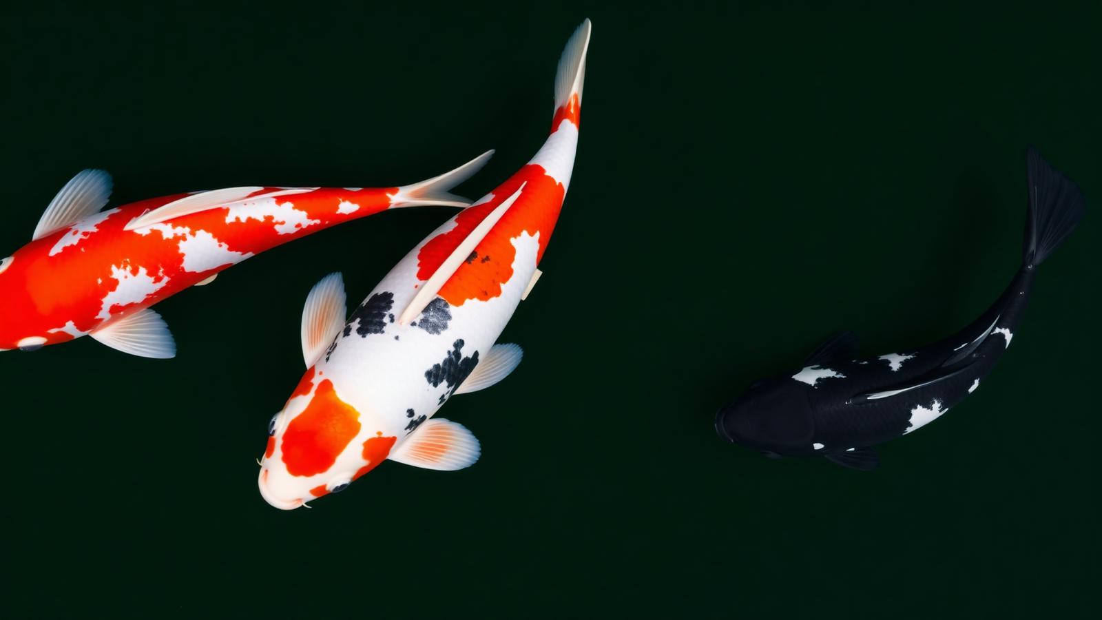 Kohaku, Taisho Sanke and Showa Sanshoku koi side by side for pattern comparison