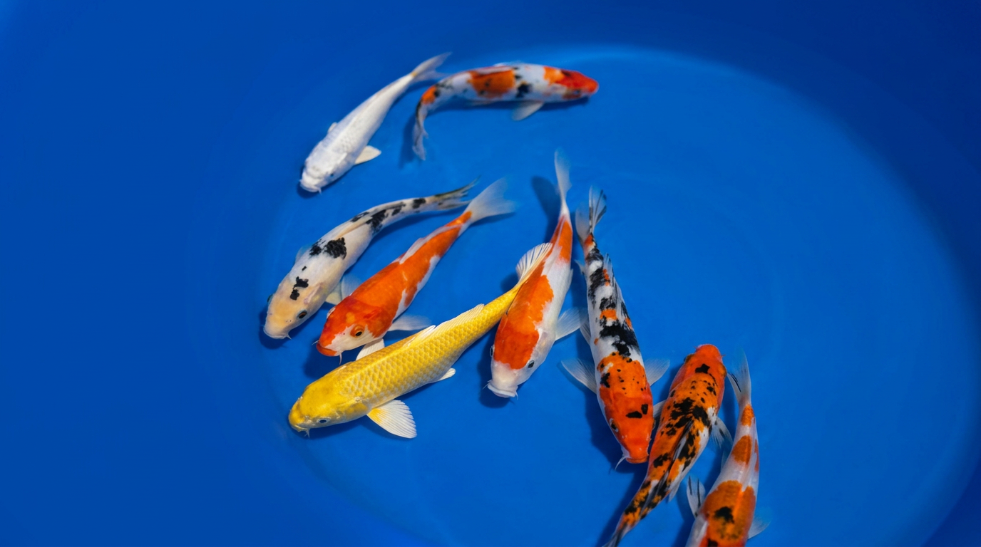 Mixed selection of Japanese koi — Kohaku, Showa, Yamabuki Ogon and Sanke — in clear blue holding water before purchase