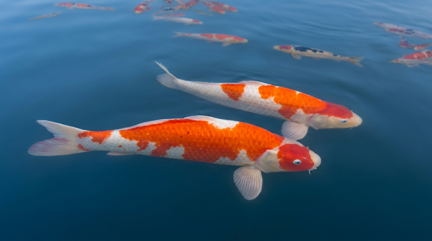 Two healthy Kohaku koi with crisp scales, clean fins and clear eyes swimming in deep blue water