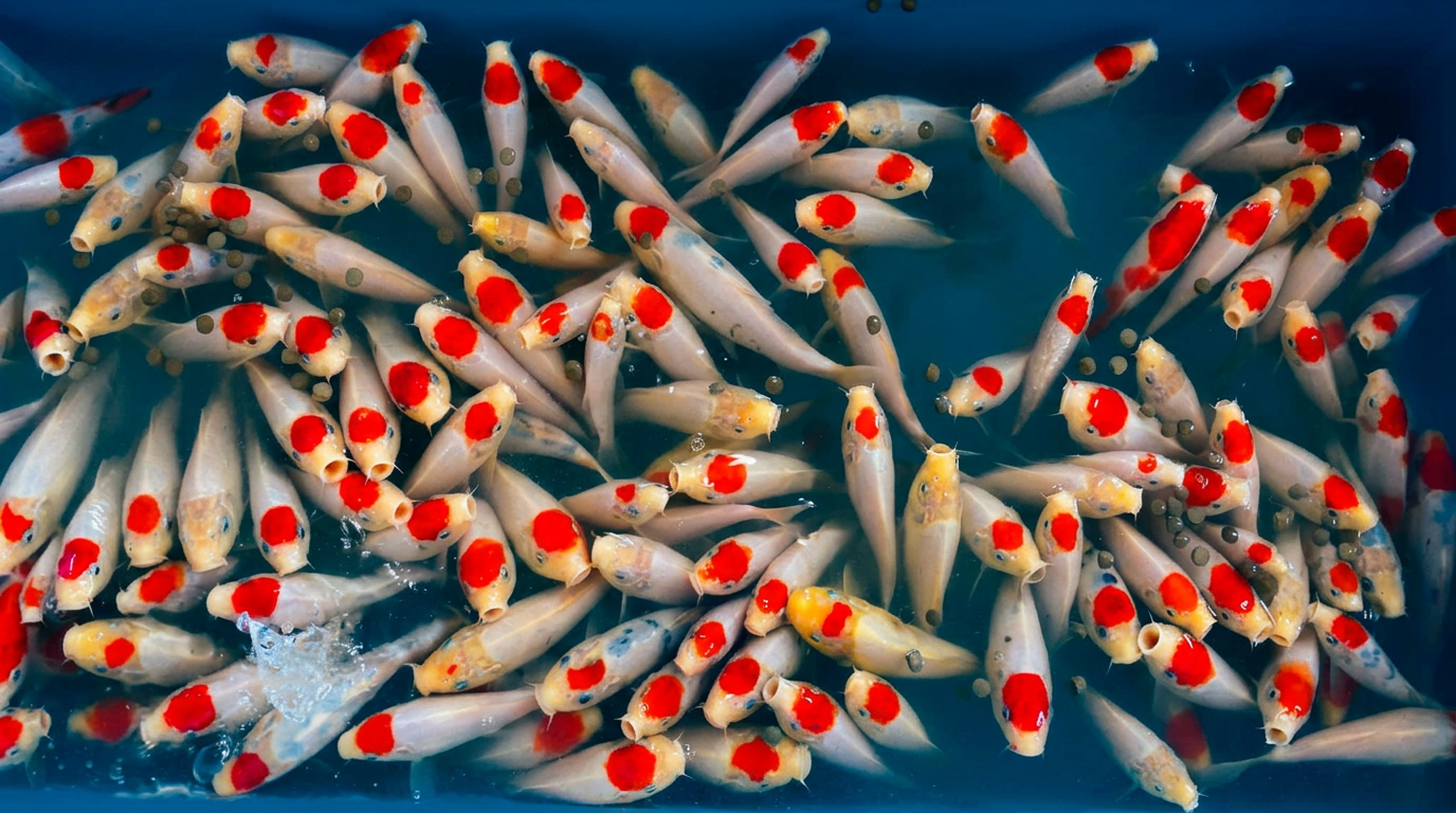 Young Tancho-marked koi crowding the surface around floating pellets during a feeding in clear blue water