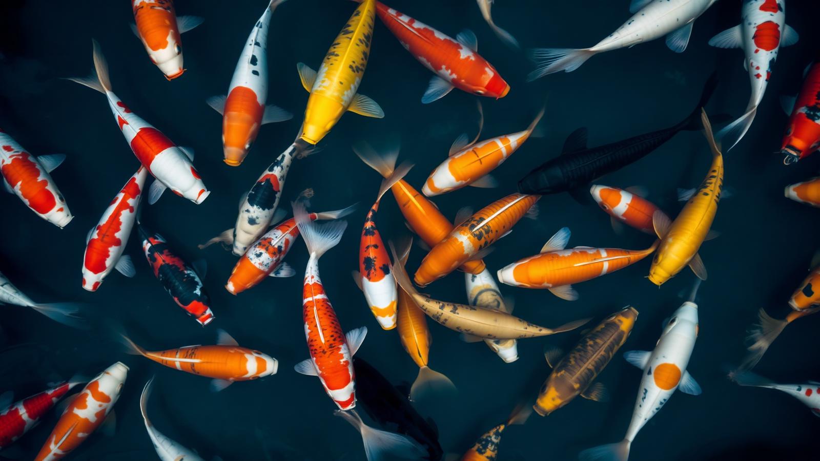 Many Japanese koi varieties — Kohaku, Sanke, Showa, Ogon, Asagi and Chagoi — swimming together