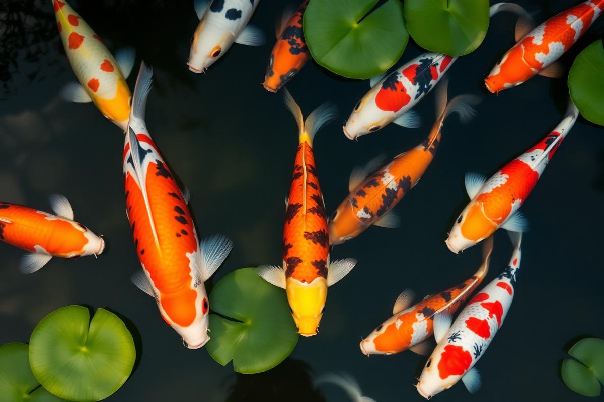 A school of vibrant Japanese koi swimming together in a Japanese garden pond