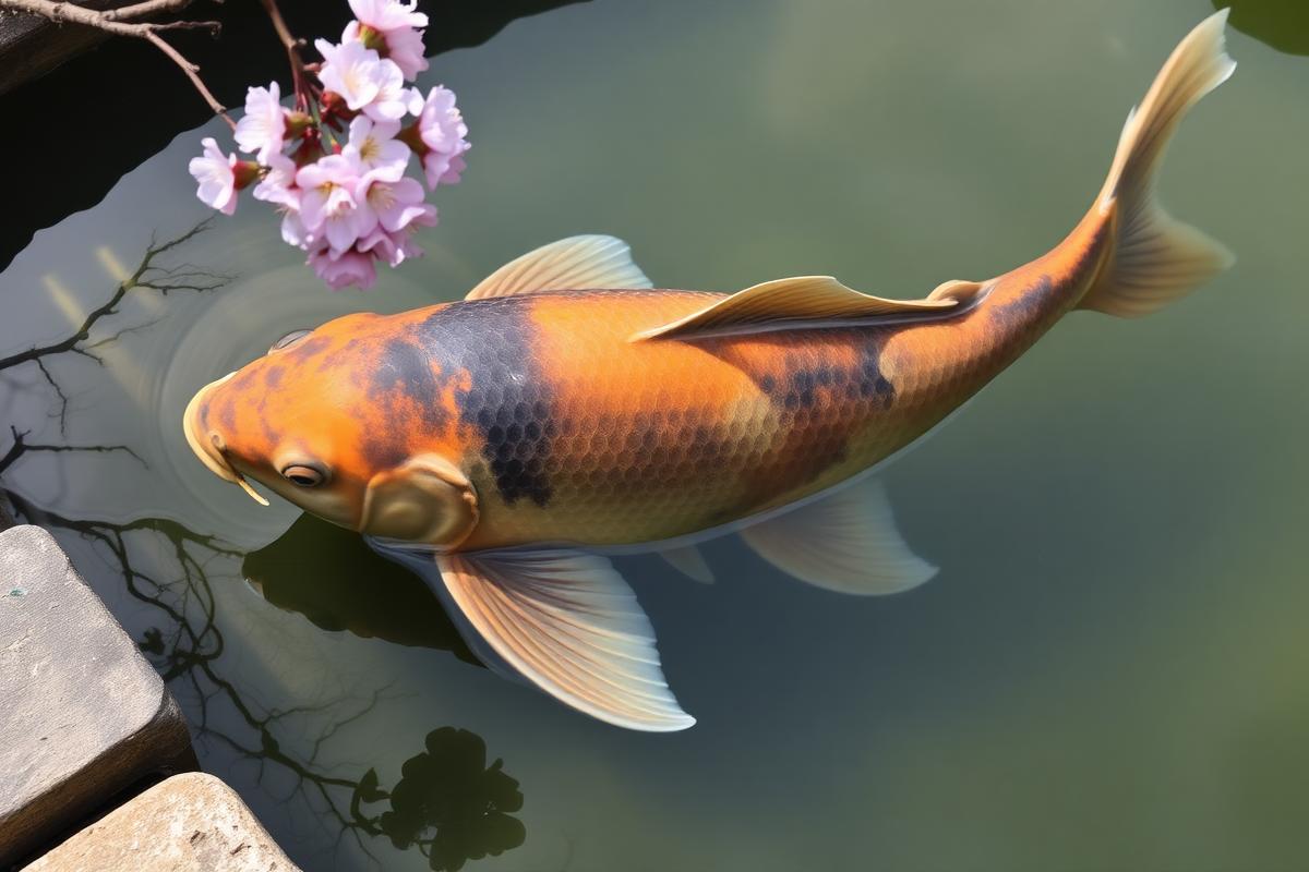 A mature Japanese koi swimming below a branch of cherry blossoms in a traditional pond