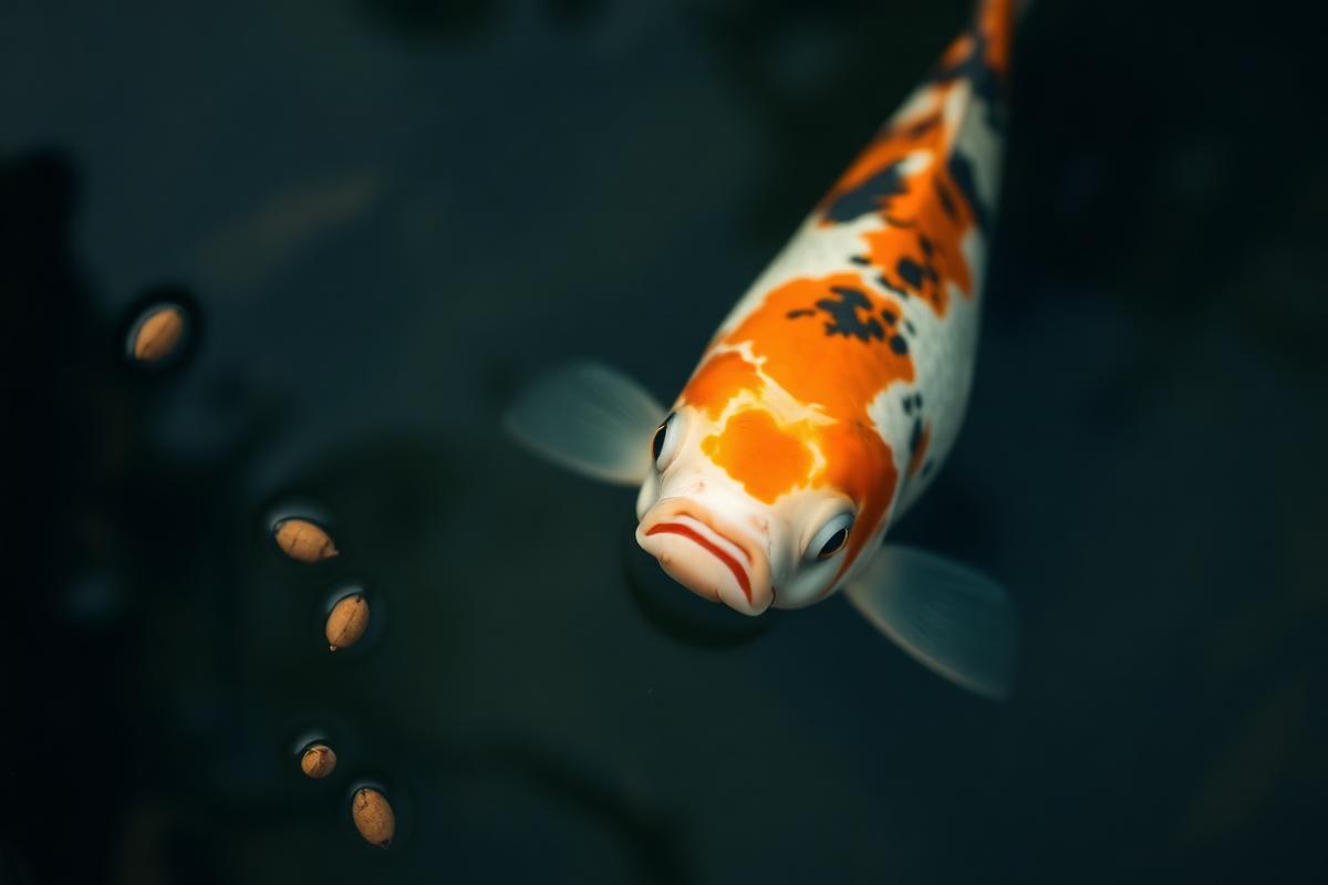 Japanese koi at the surface of a pond surrounded by uneaten food pellets