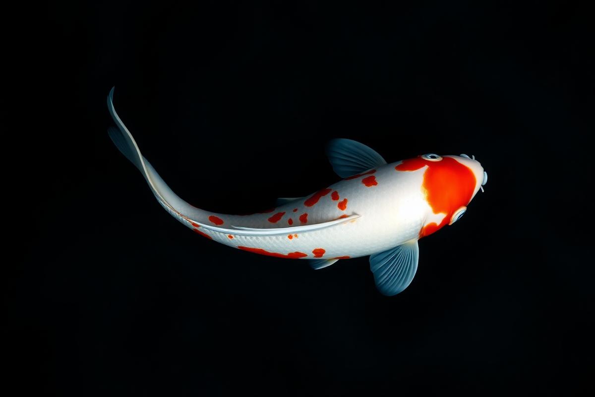 A premium Japanese Kohaku koi photographed against a dramatic dark background