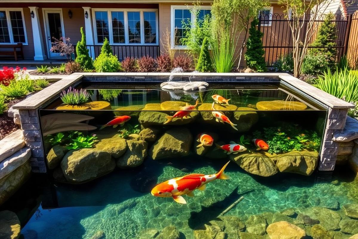 A pristine show-grade koi pond with clear water, natural stone, and elegant landscaping