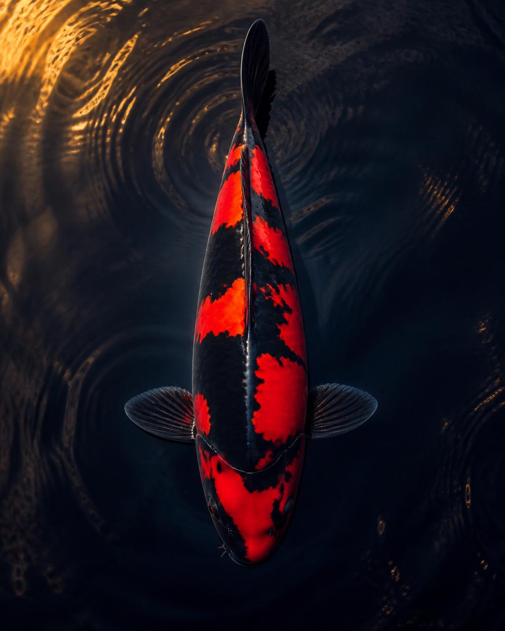 Utsurimono koi with lacquer-black base and contrasting red, white, or yellow markings, premium Japanese import for sale at Maple Crown Koi.