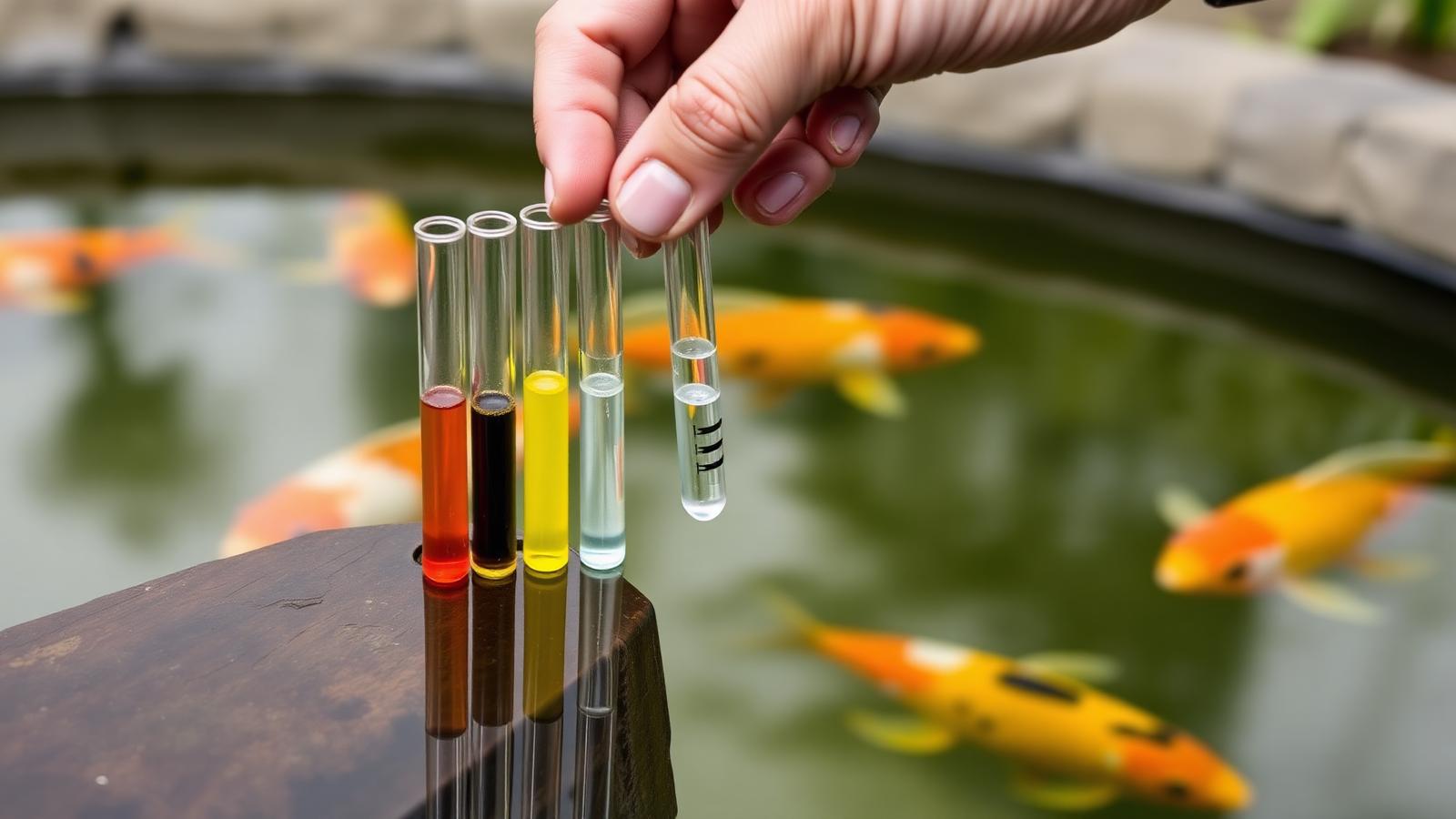 Liquid pond water test kit used to check ammonia, nitrite and pH in a koi pond
