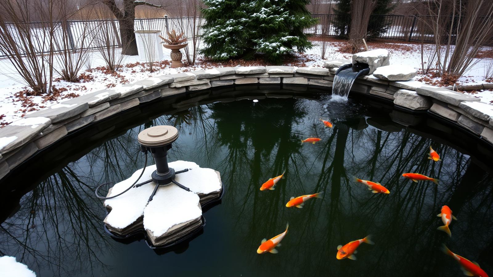 Ontario backyard koi pond in winter with a de-icer and aerator keeping a hole open in the ice