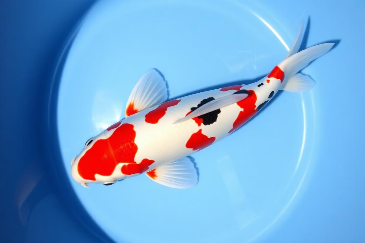A young Kohaku tosai koi with developing red and white pattern in a blue selection bowl